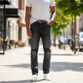 Nigerian model wearing Dark Grey Washed Straight-Leg Distressed Dual Knee Rip Logo Patch Jeans