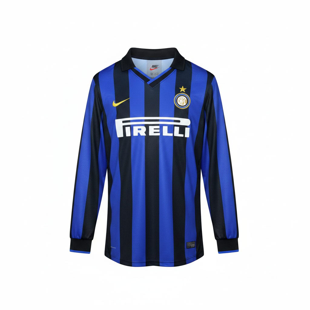 Royal blue and black striped long-sleeve retro football jersey — ghost mannequin front view