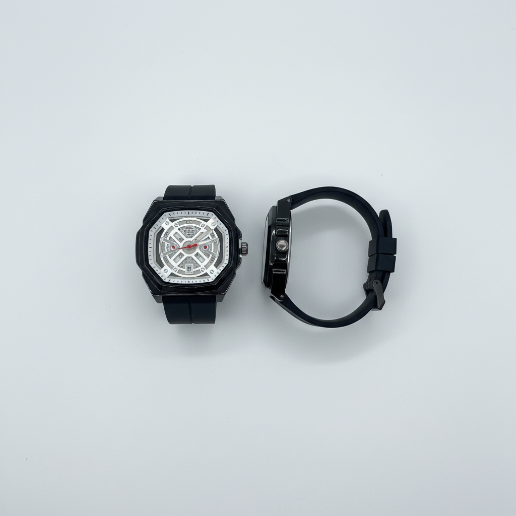 White dial black skeleton-style wristwatch shown from the front and side