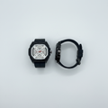 White dial black skeleton-style wristwatch shown from the front and side