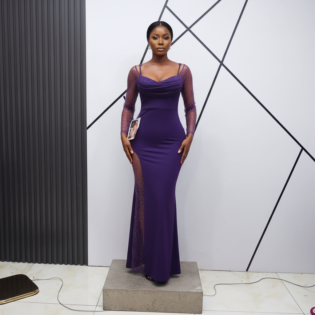 Purple Velvet Bodycon Maxi Gown - Model Shot