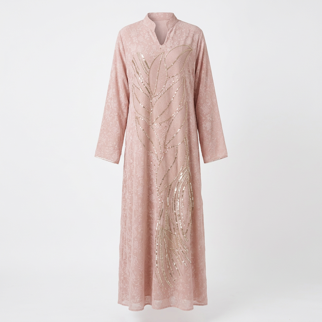 Blush pink leaf-motif embellished abaya on an invisible mannequin against white