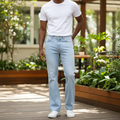 Nigerian model wearing Ice Blue Washed Clean Minimal Flare-Leg Jeans