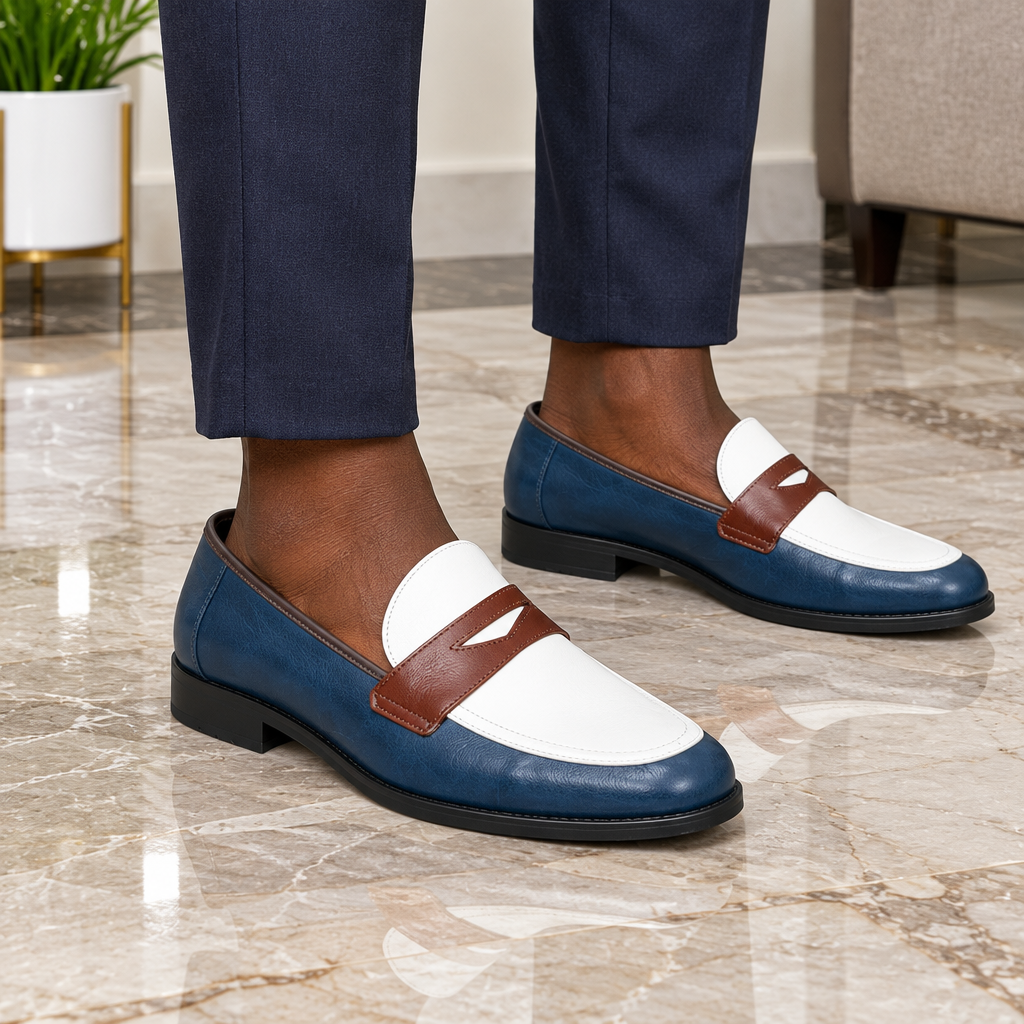 Both feet wearing navy and ivory two-tone penny loafers on marble floor