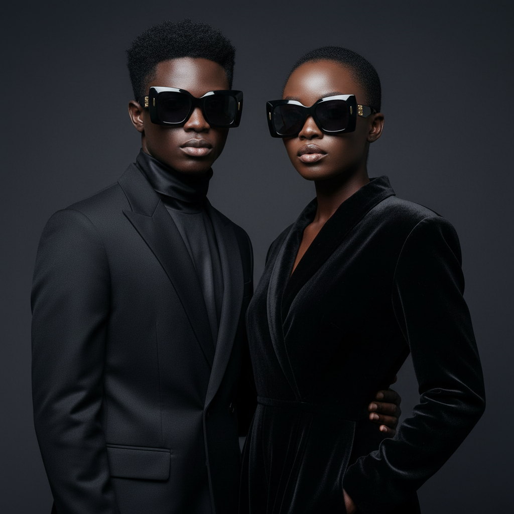 Male and female model lifestyle shot — Oversized Square Cat-Eye Sunglasses Black Gold Smoke