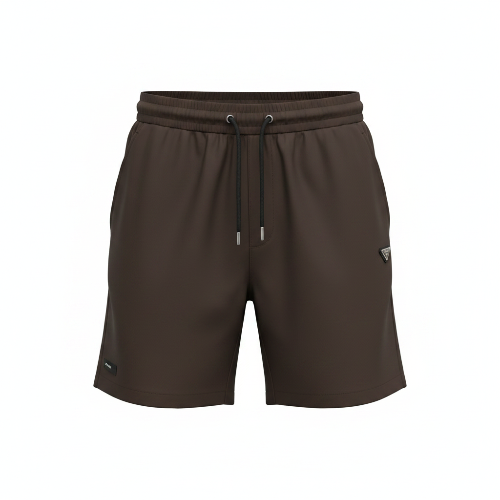 Coffee brown drawstring shorts ghost mannequin view