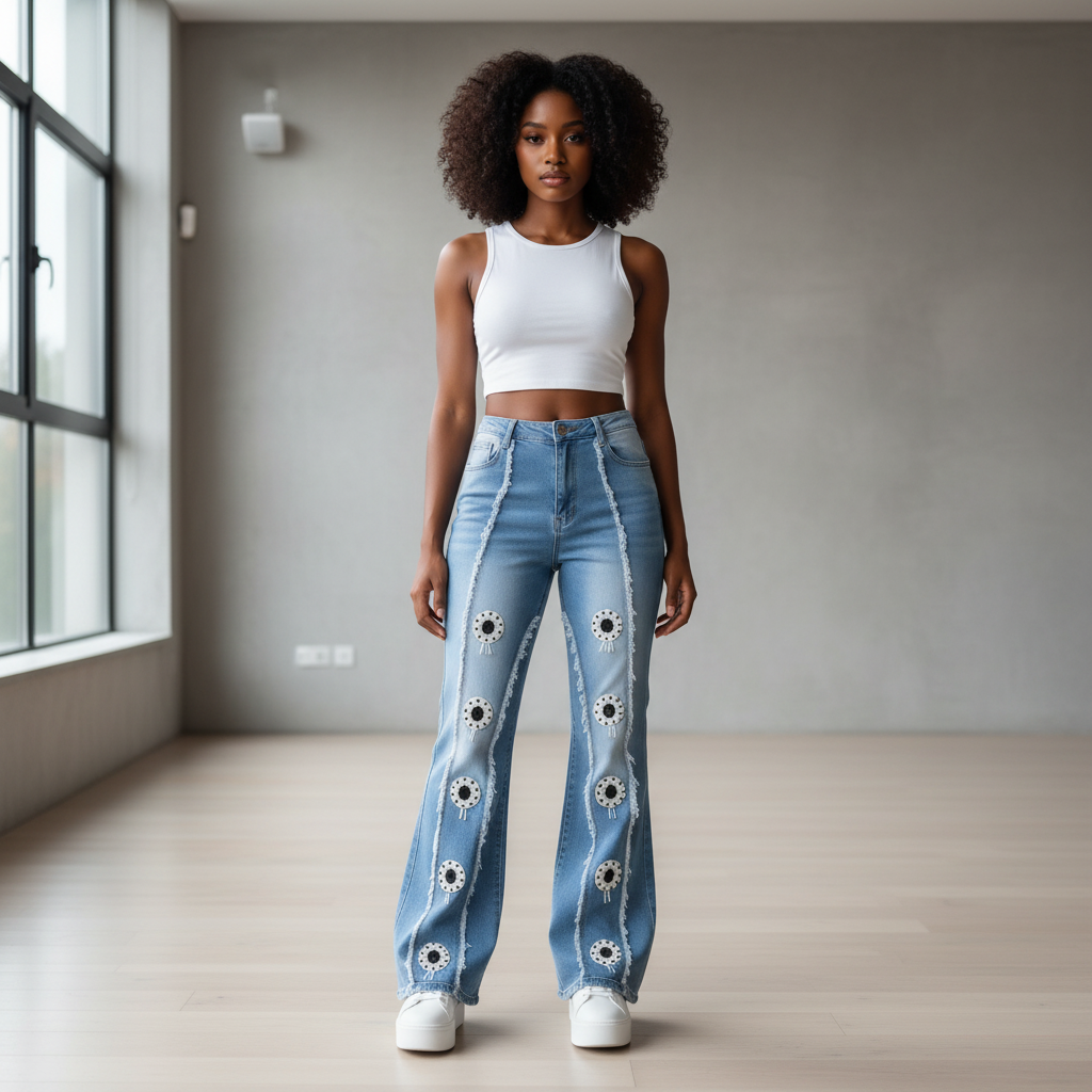 Nigerian female model wearing distressed flare jeans with embroidered patches