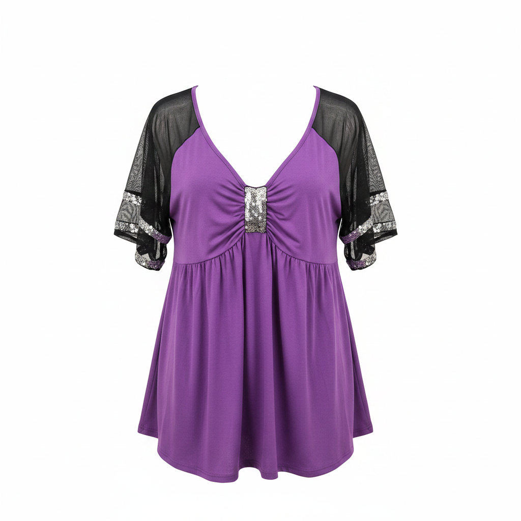 Ghost mannequin front view of Purple and Black Sequin Trim Babydoll Top