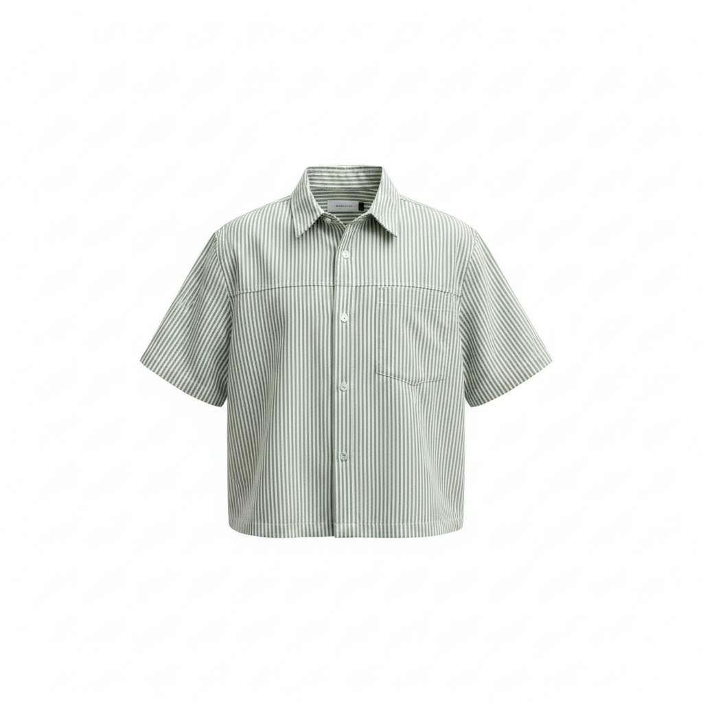 Men's sage green and white fine pinstripe boxy short-sleeve shirt with chest pocket, ghost mannequin front view