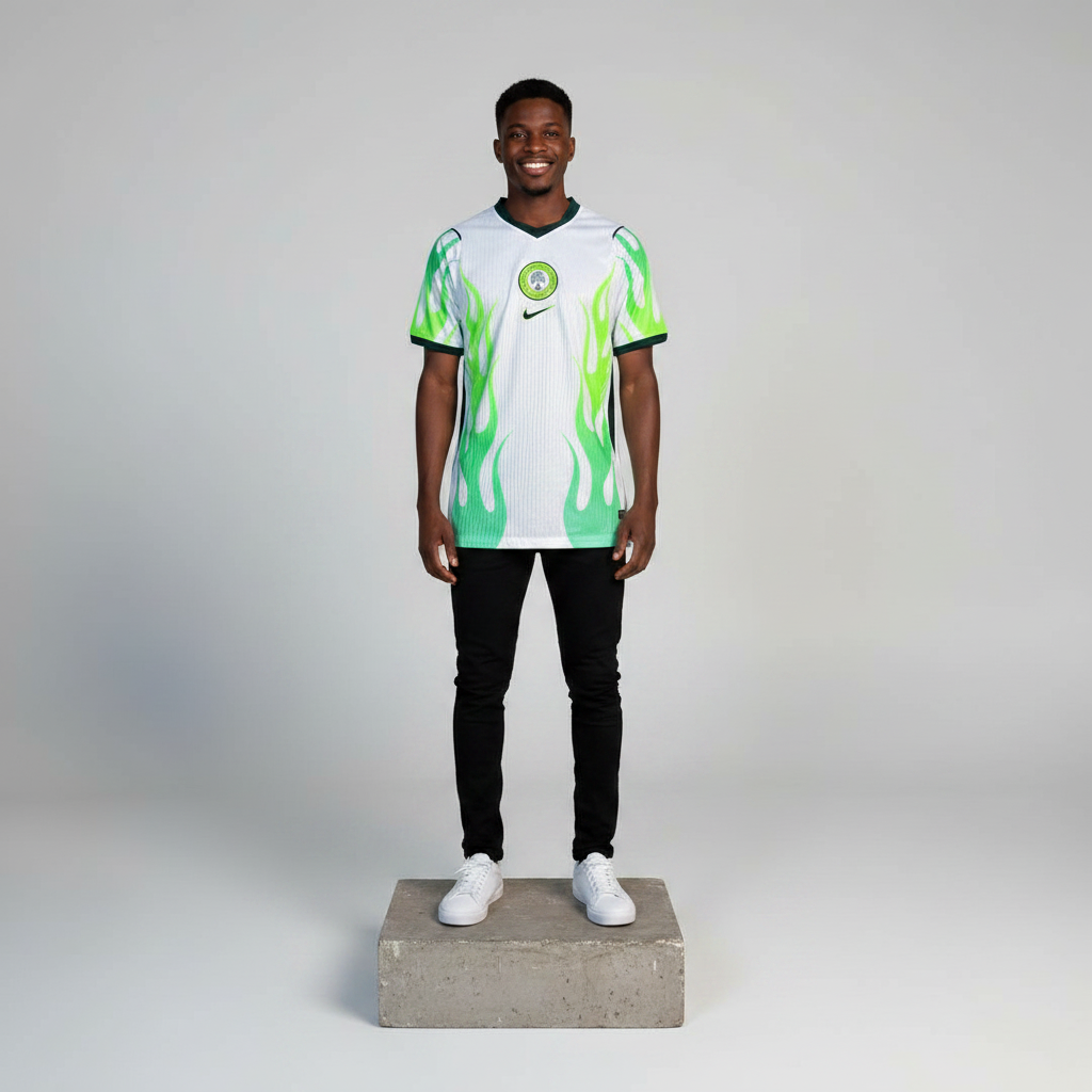 Nigerian male model wearing white neon green flame football jersey on concrete plinth