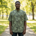 Nigerian model wearing Sage Green All-Over Rose Floral Camo Print Short-Sleeve Button-Down Shirt