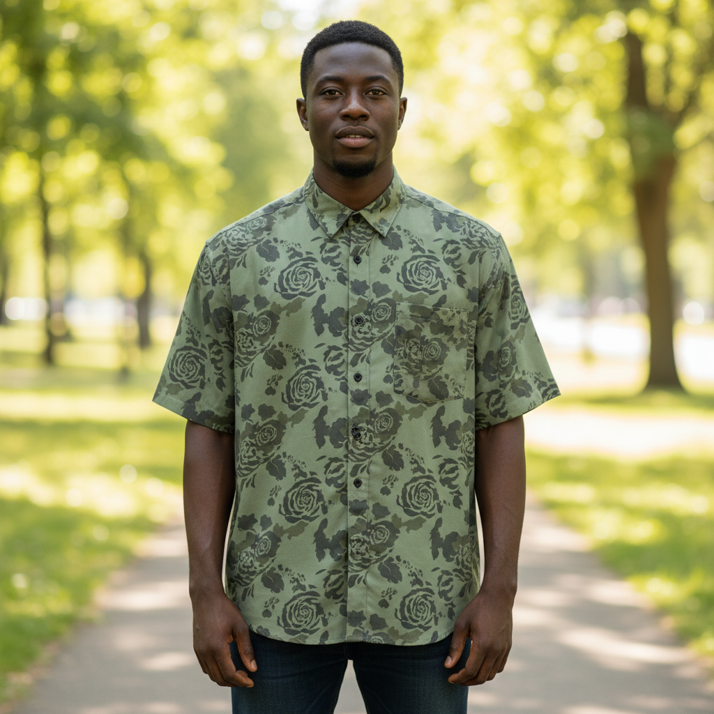 Nigerian model wearing Sage Green All-Over Rose Floral Camo Print Short-Sleeve Button-Down Shirt