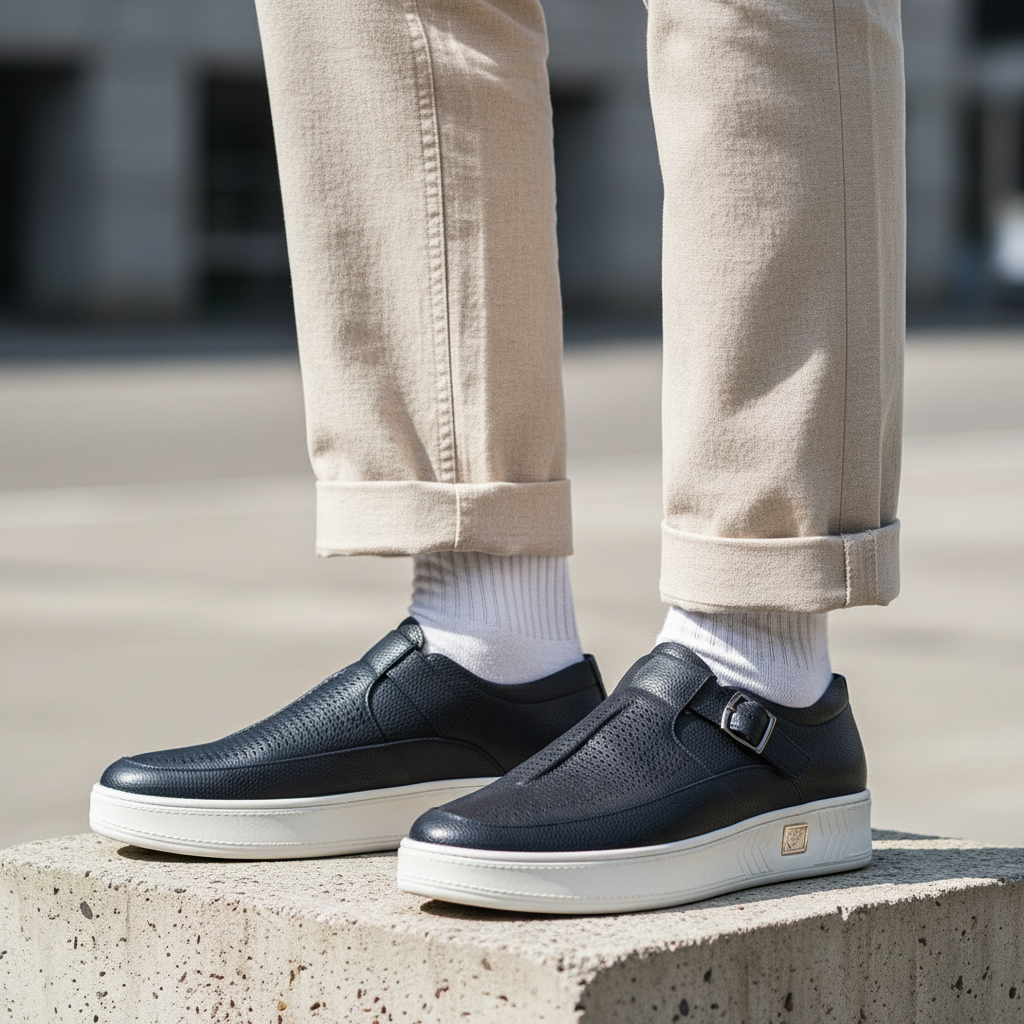 Model wearing navy blue pebbled leather monk-strap slip-on sneakers leg shot