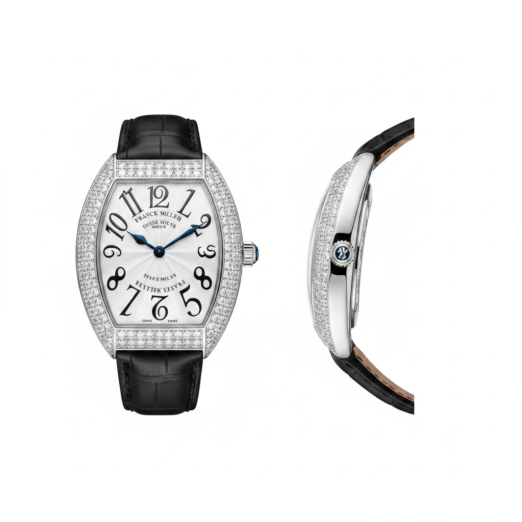Women's silver oversized full diamond bezel white guilloche dial tonneau watch — ghost mannequin front and side view, black leather strap