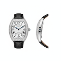 Women's silver oversized full diamond bezel white guilloche dial tonneau watch — ghost mannequin front and side view, black leather strap