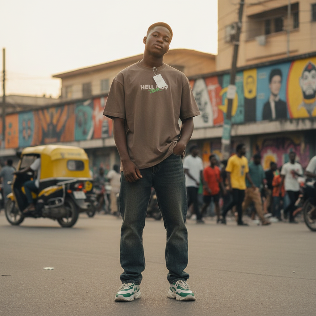 Young Nigerian teen wearing brown tour graphic oversized tee