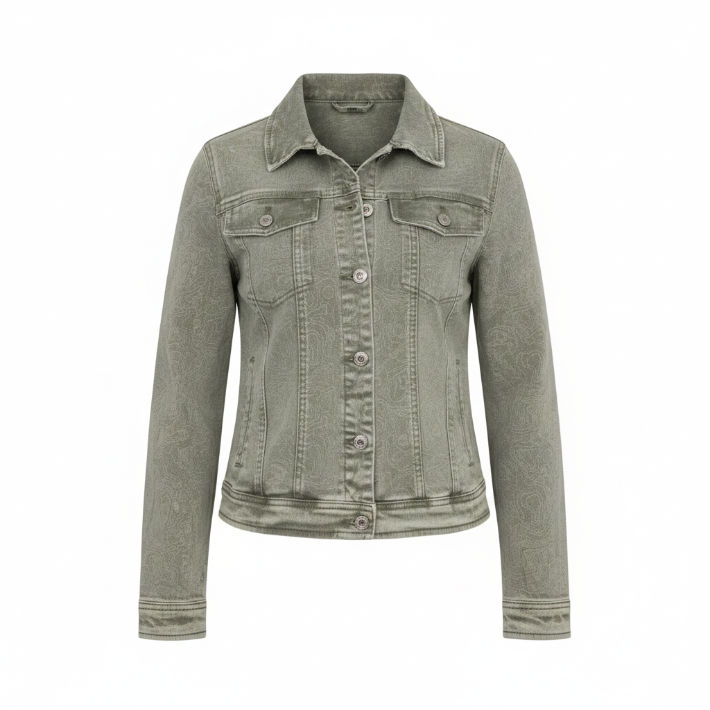 Olive Green Washed Denim Jacket – Front Ghost Mannequin