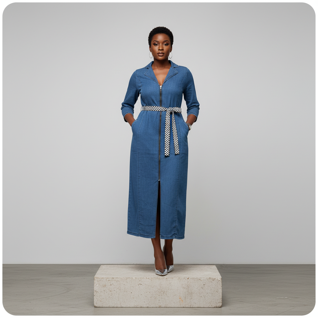Blue Denim Zip-Front Maxi Dress – Front Model