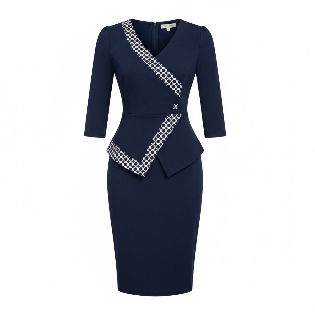 Women's navy blue circle-print trim wrap bodycon midi dress - ghost mannequin view