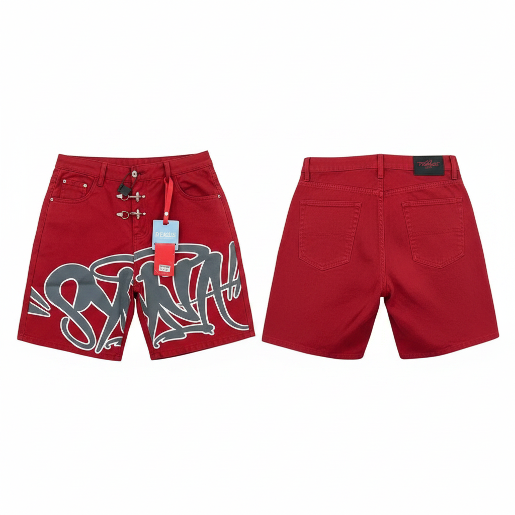 Men's red graffiti tag print clasp hardware denim shorts ghost mannequin front and back view