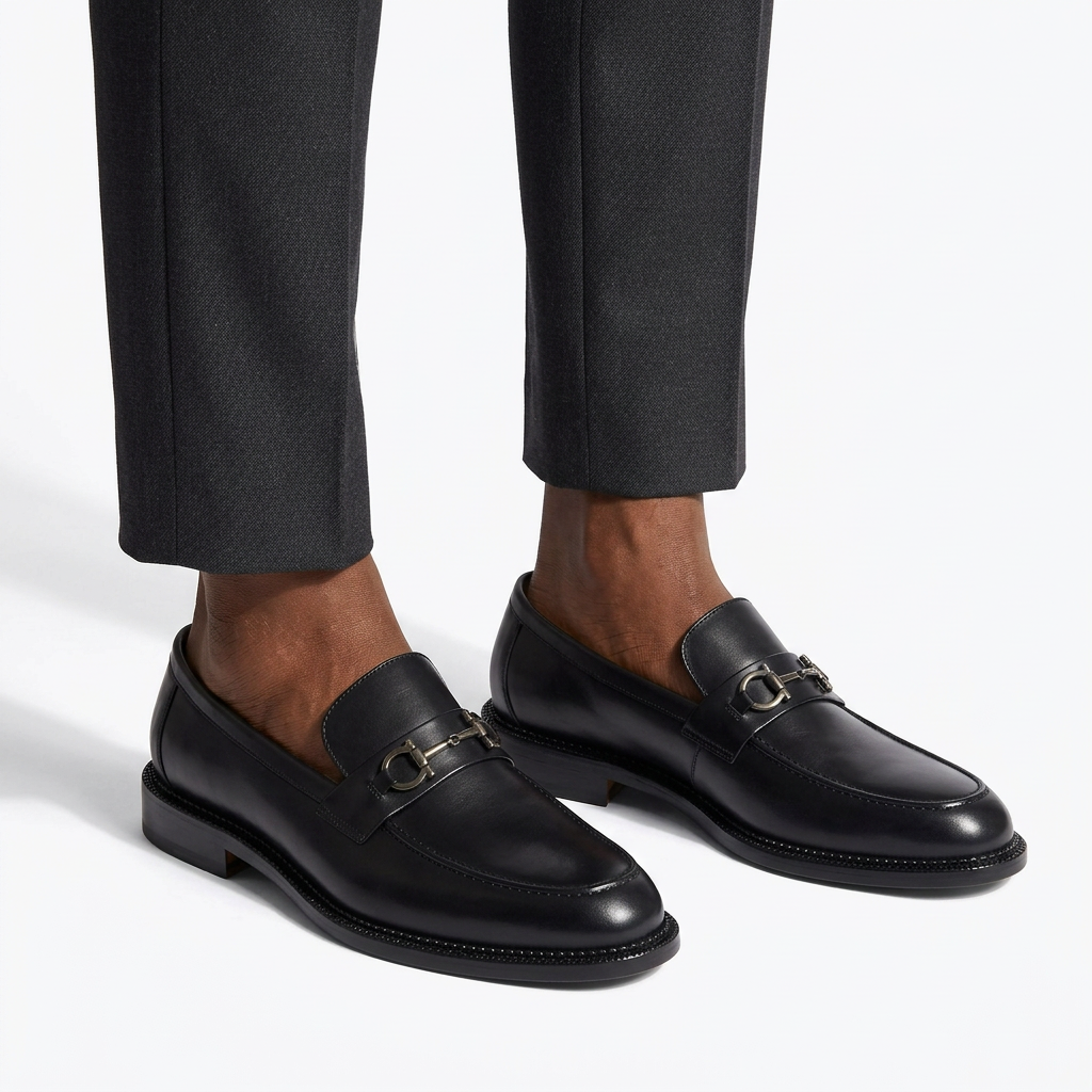 Both black metal-bit loafers worn by a Black male model