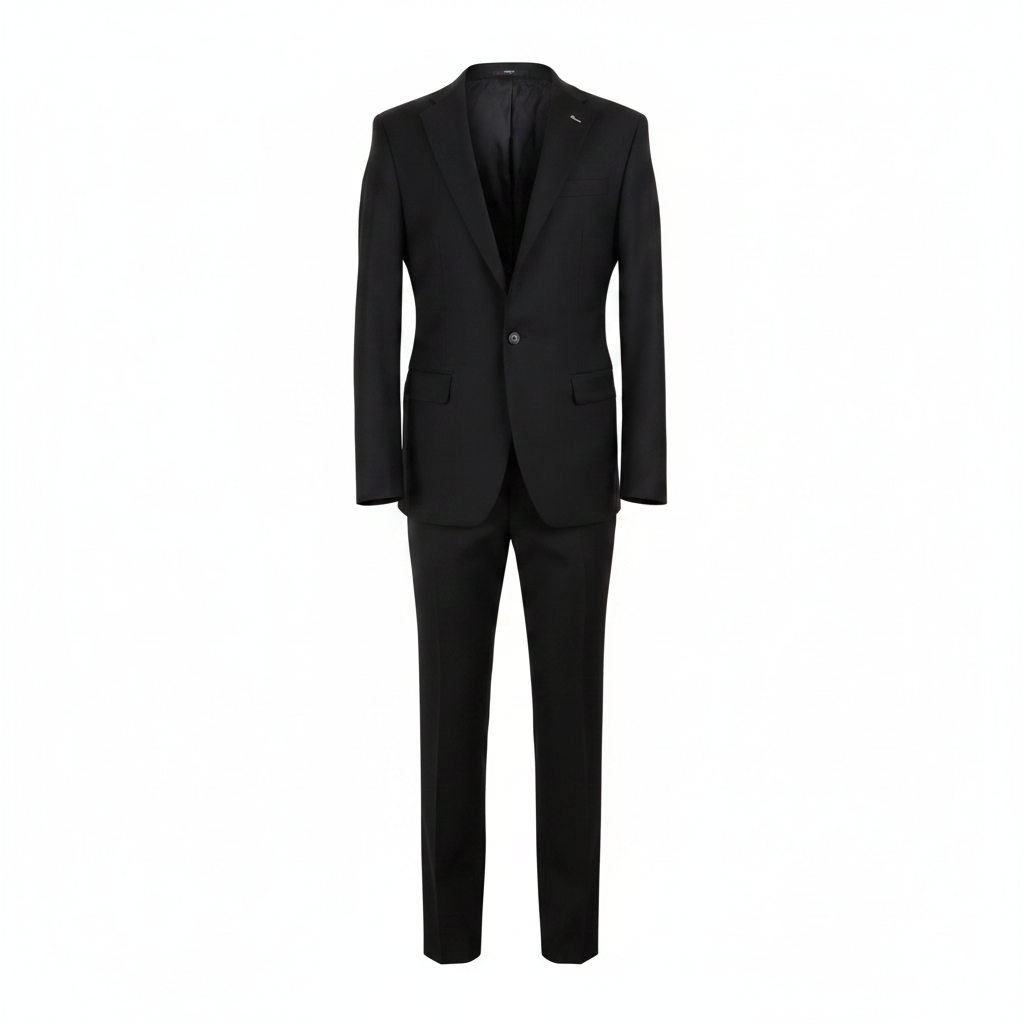 Men's jet black 2-piece single-breasted formal suit on ghost mannequin, white background