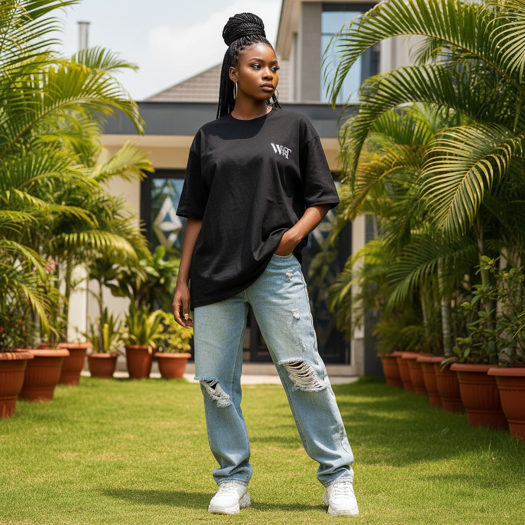 Nigerian female model wearing black WRT monogram alphabet graphic oversized tee – front view