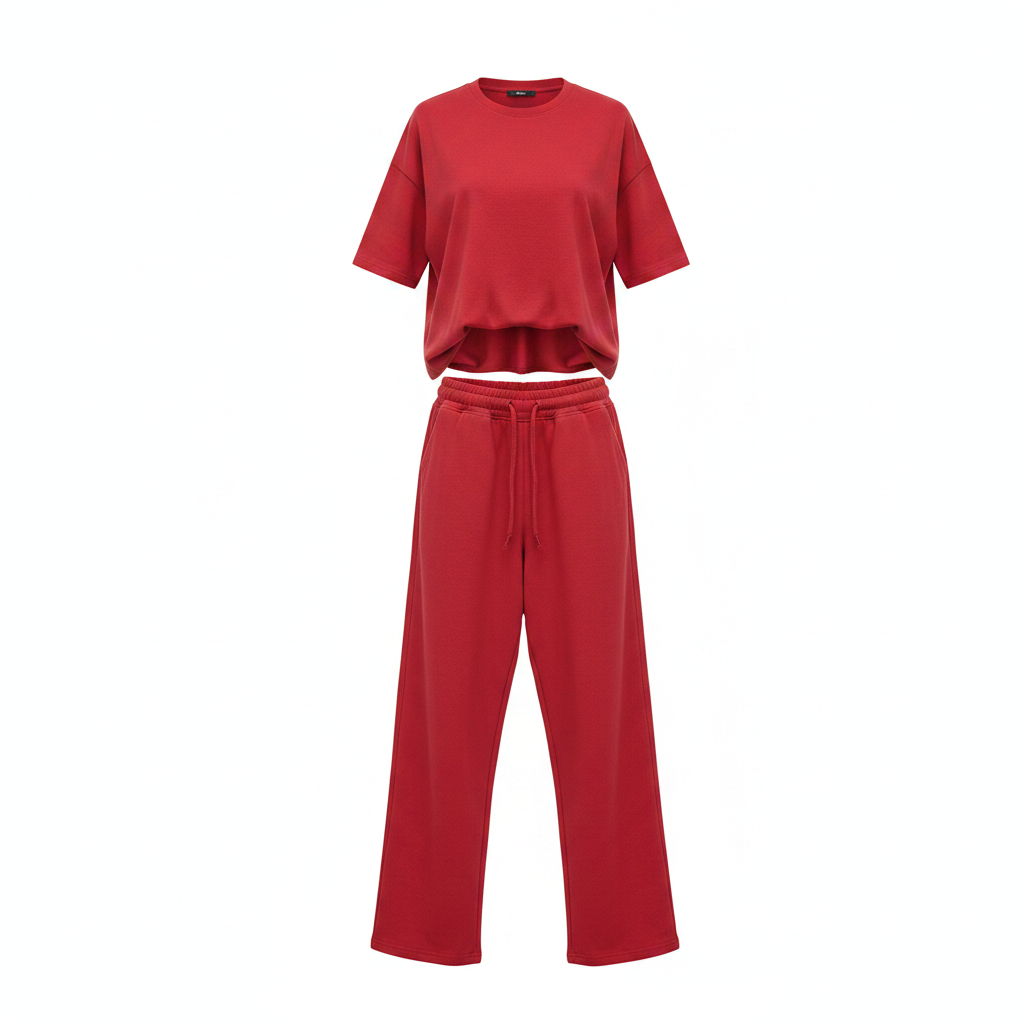 Bold red matching co-ord set on ghost mannequin, white background