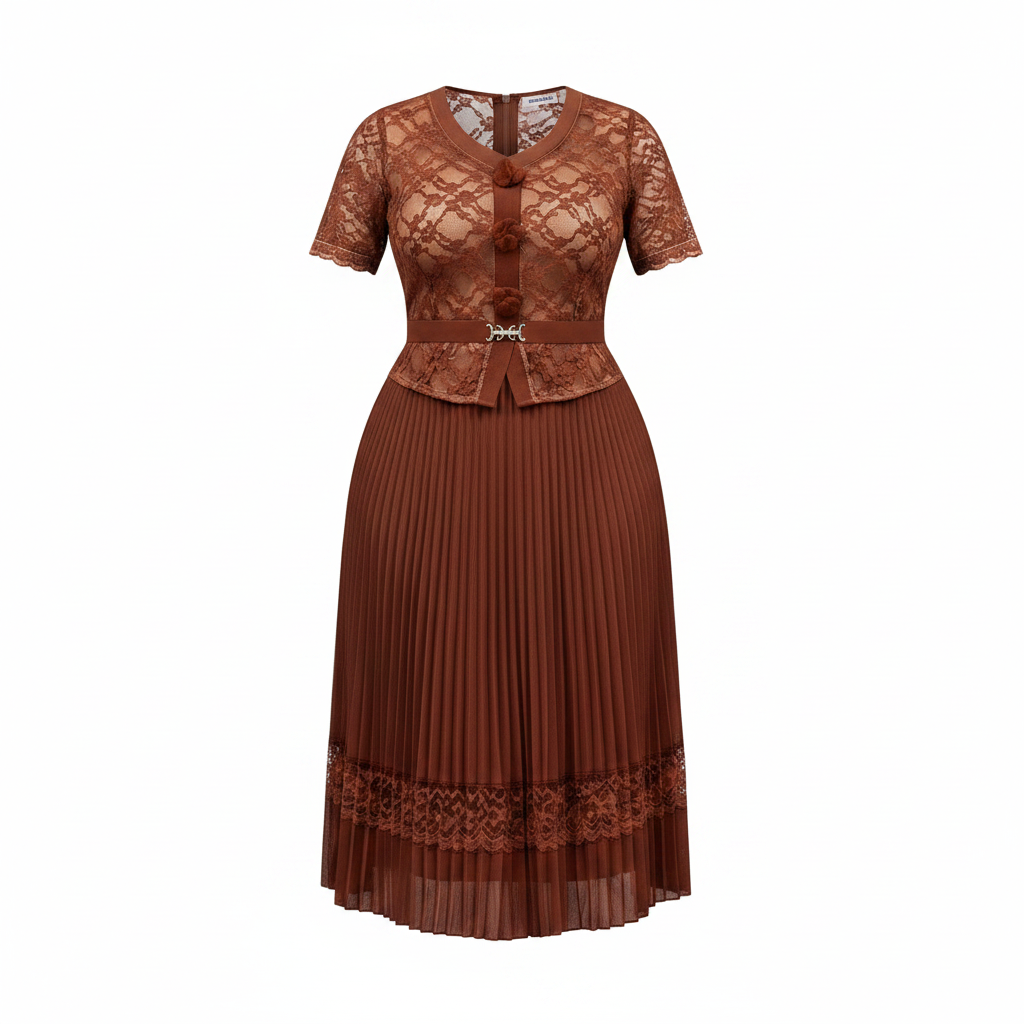 Women's Chocolate Brown Lace Overlay Peplum Pleated Midi Gown - Ghost Mannequin Front
