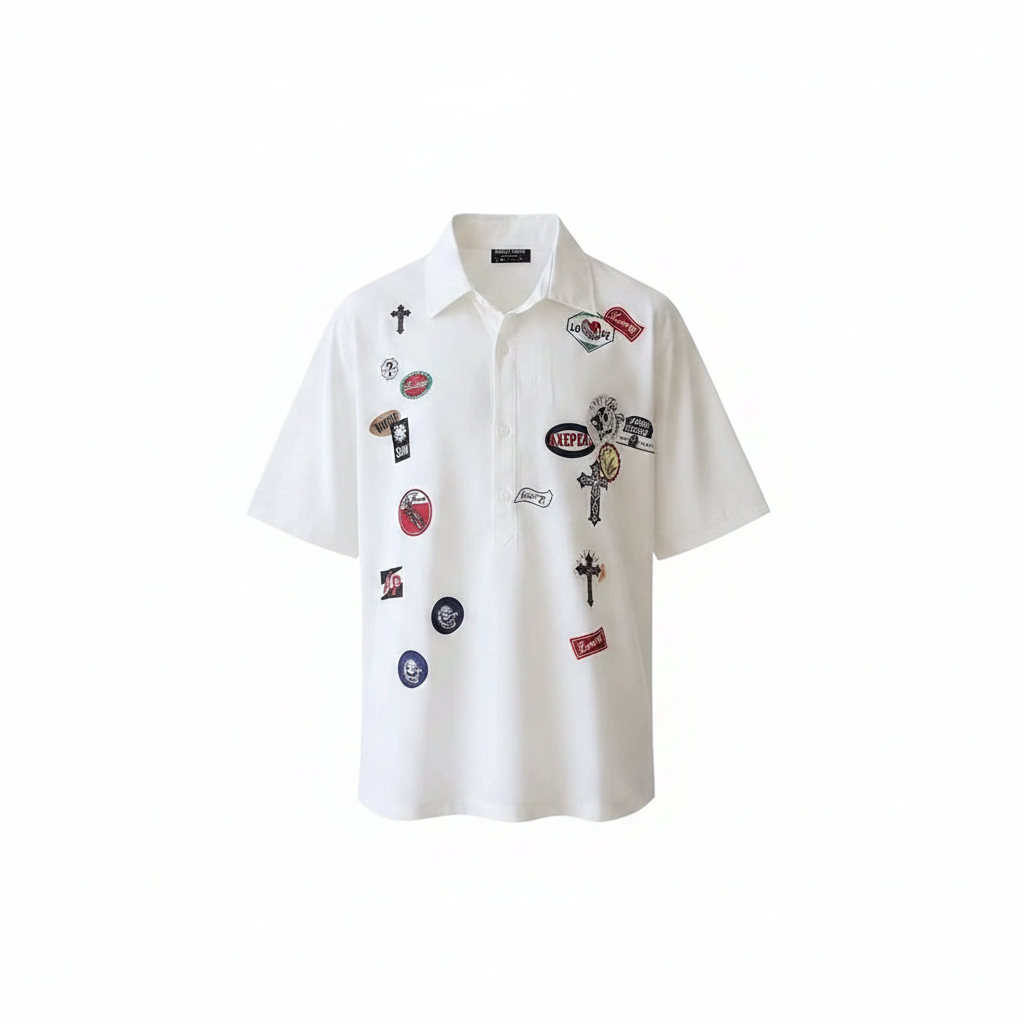 Men's white multi-patch badge graphic polo shirt – ghost mannequin front view
