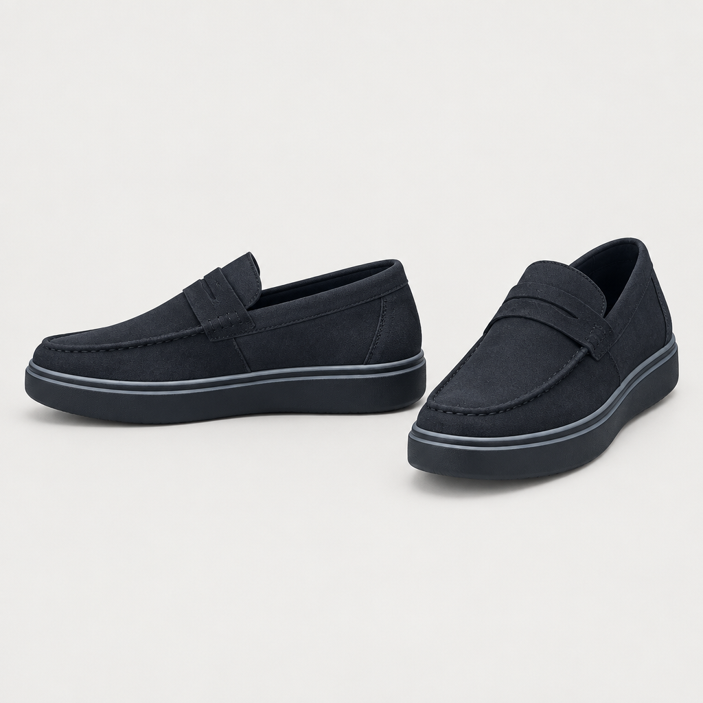 Black slip-on loafers, pair views