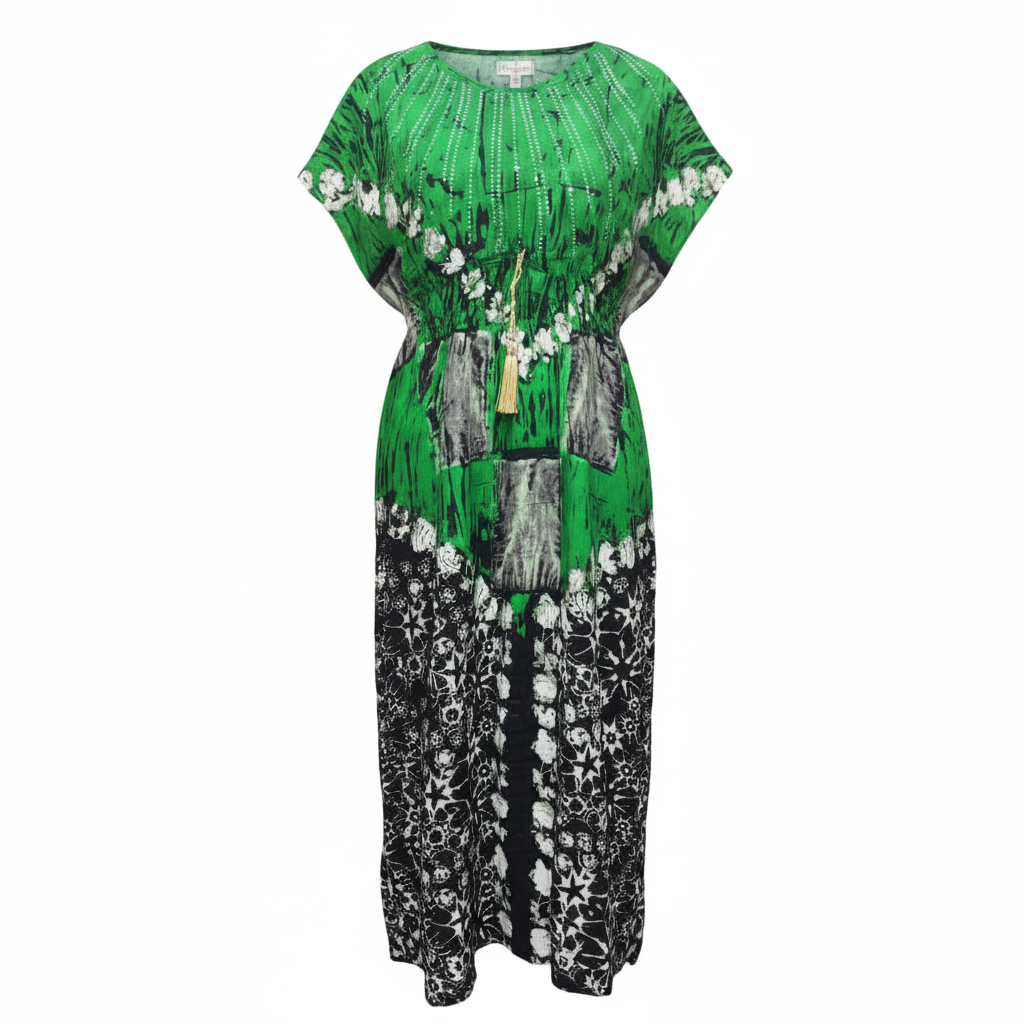 Ghost mannequin view of Green Adire Long Bubu Gown with smocked waist and gold tassel