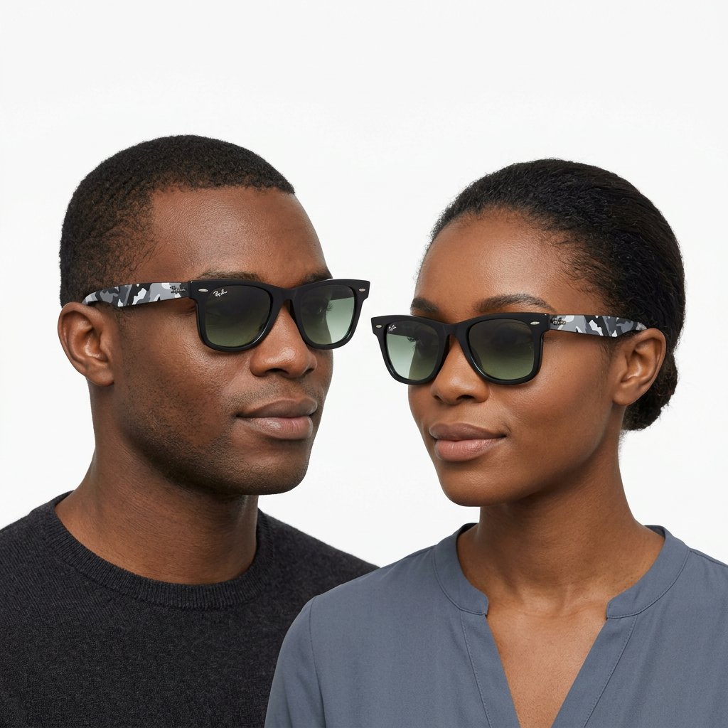 Black adult man and woman wearing camouflage-arm sunglasses with visible lens and temple lettering