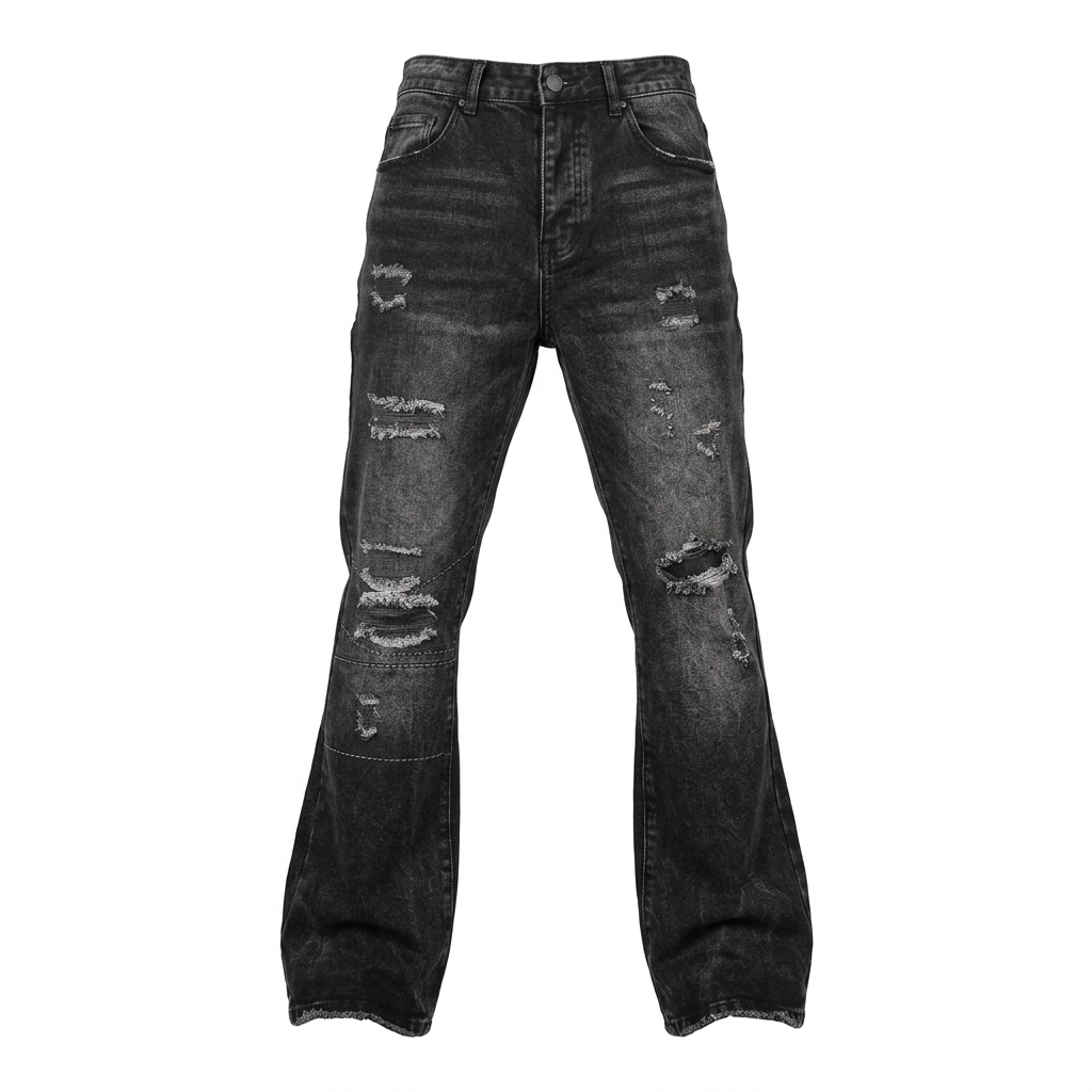 Men's washed-black distressed flared jeans in shaped ghost mannequin view on white