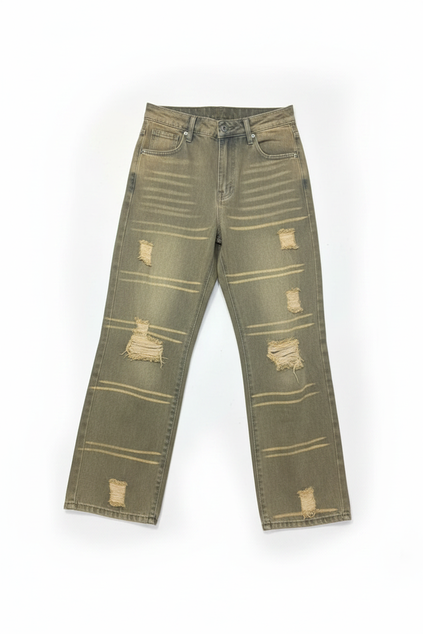 Ghost mannequin display of olive washed graphic baggy distressed jeans
