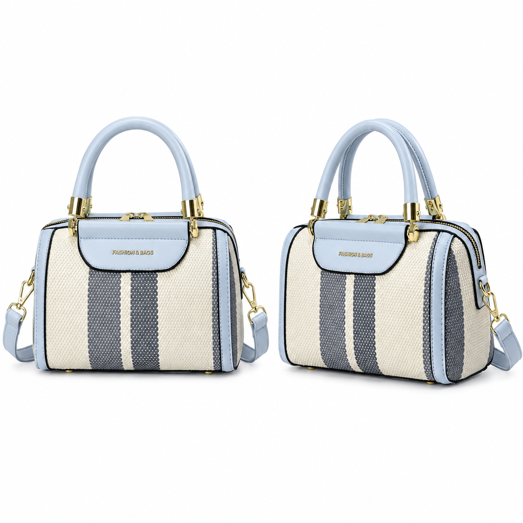 Ice blue and ivory satchel shown front and angled side