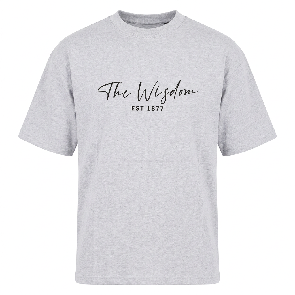 Light heather grey script-graphic crew-neck tee on an invisible mannequin against white