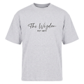 Light heather grey script-graphic crew-neck tee on an invisible mannequin against white