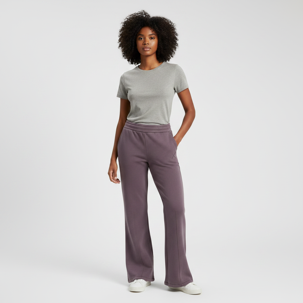 Female model wearing plum flare sweatpants