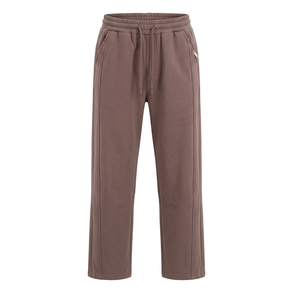 Brown seam-detail drawstring trousers, front view on white