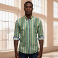 Nigerian model wearing Ralph Polo Green Yellow Navy Stripe Shirt