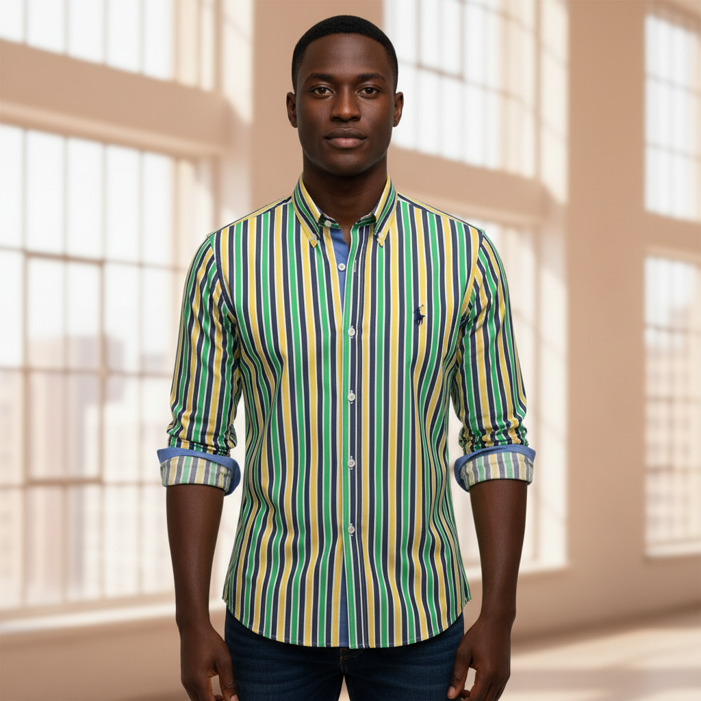 Nigerian model wearing Ralph Polo Green Yellow Navy Stripe Shirt