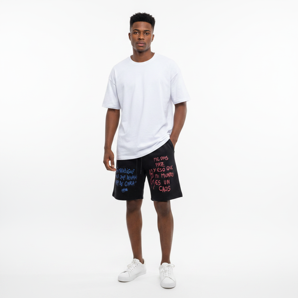 Graffiti Text Drawstring Shorts Black – Model Shot