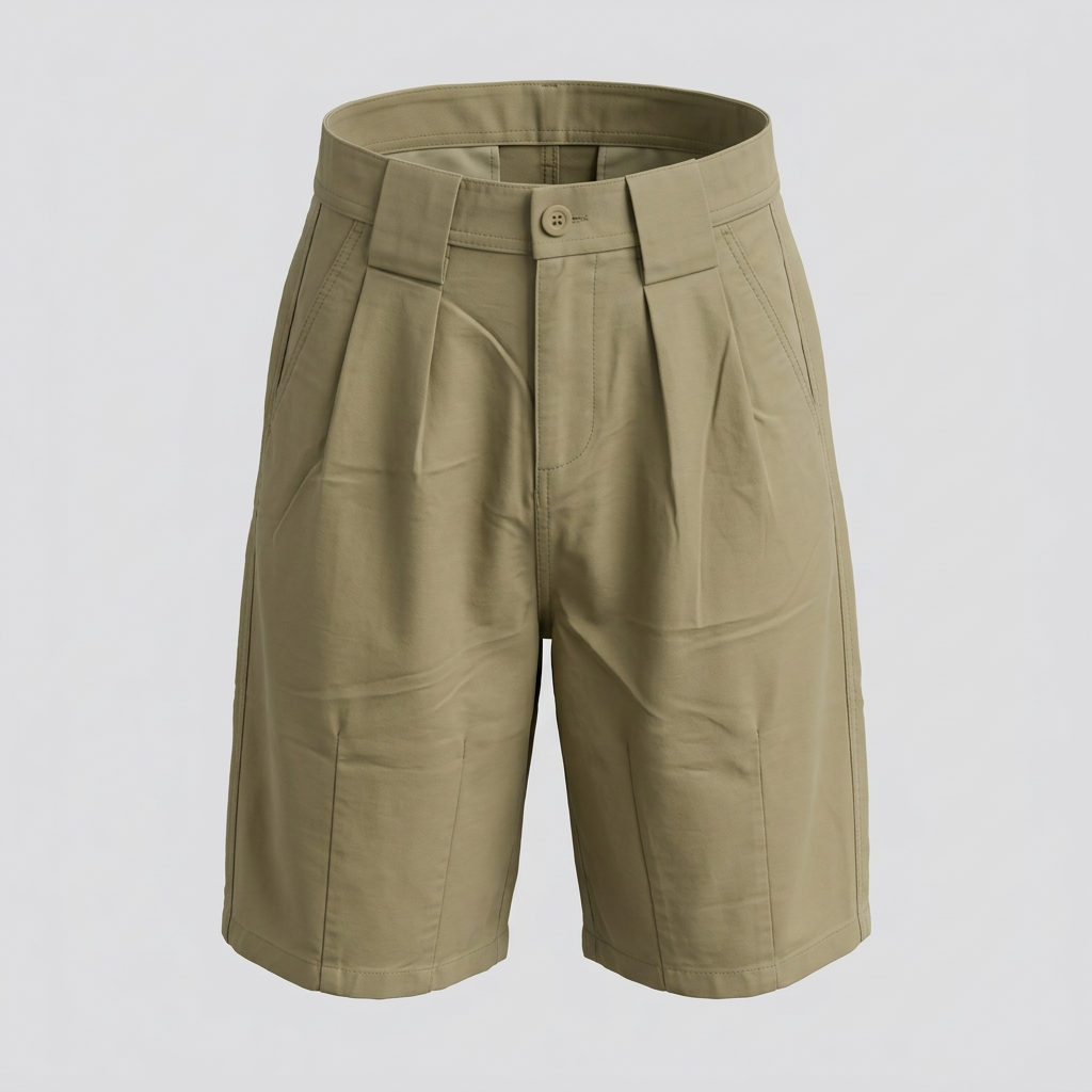 Khaki pleated panelled shorts, ghost mannequin front view