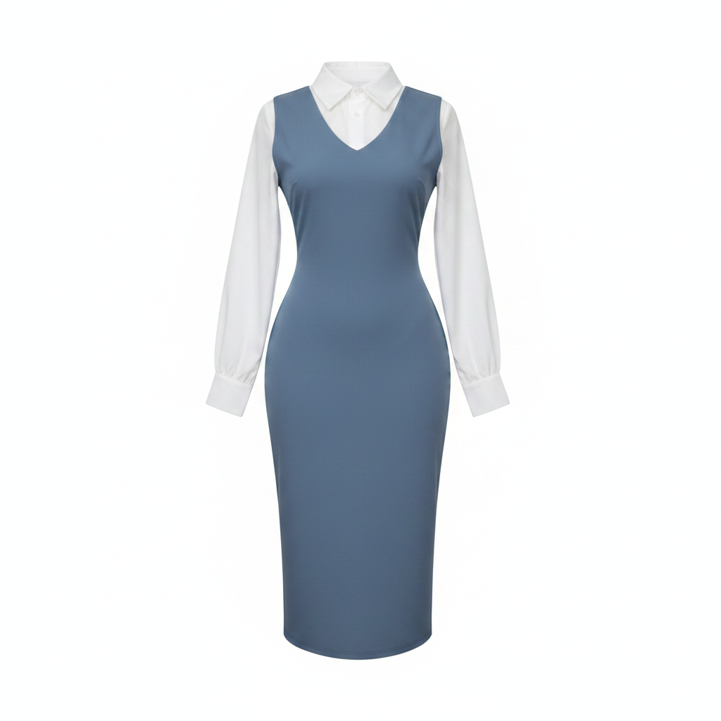 Women's Steel Blue Pinafore Midi Dress & White Shirt Co-ord Set - Ghost Mannequin