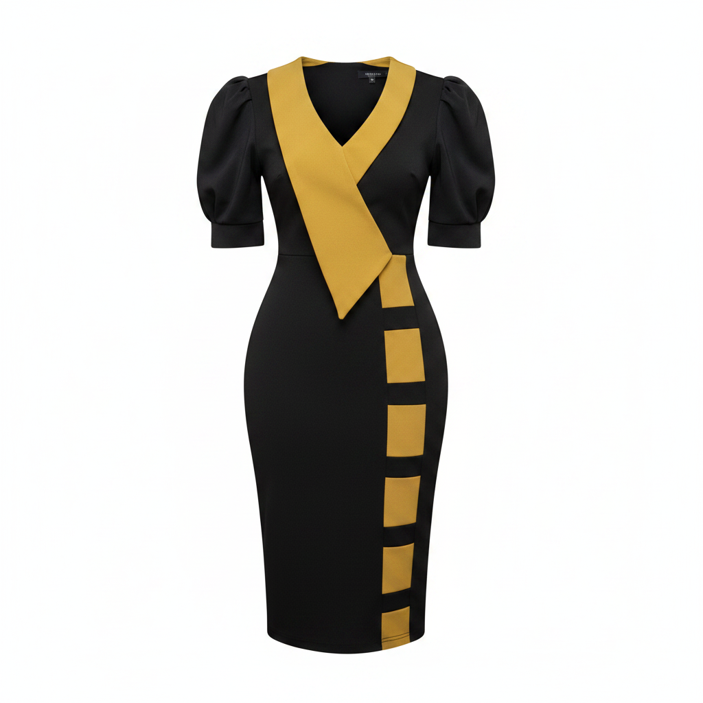 Women's Black & Mustard Wrap-Panel Puff-Sleeve Midi Dress – Ghost Mannequin Front View