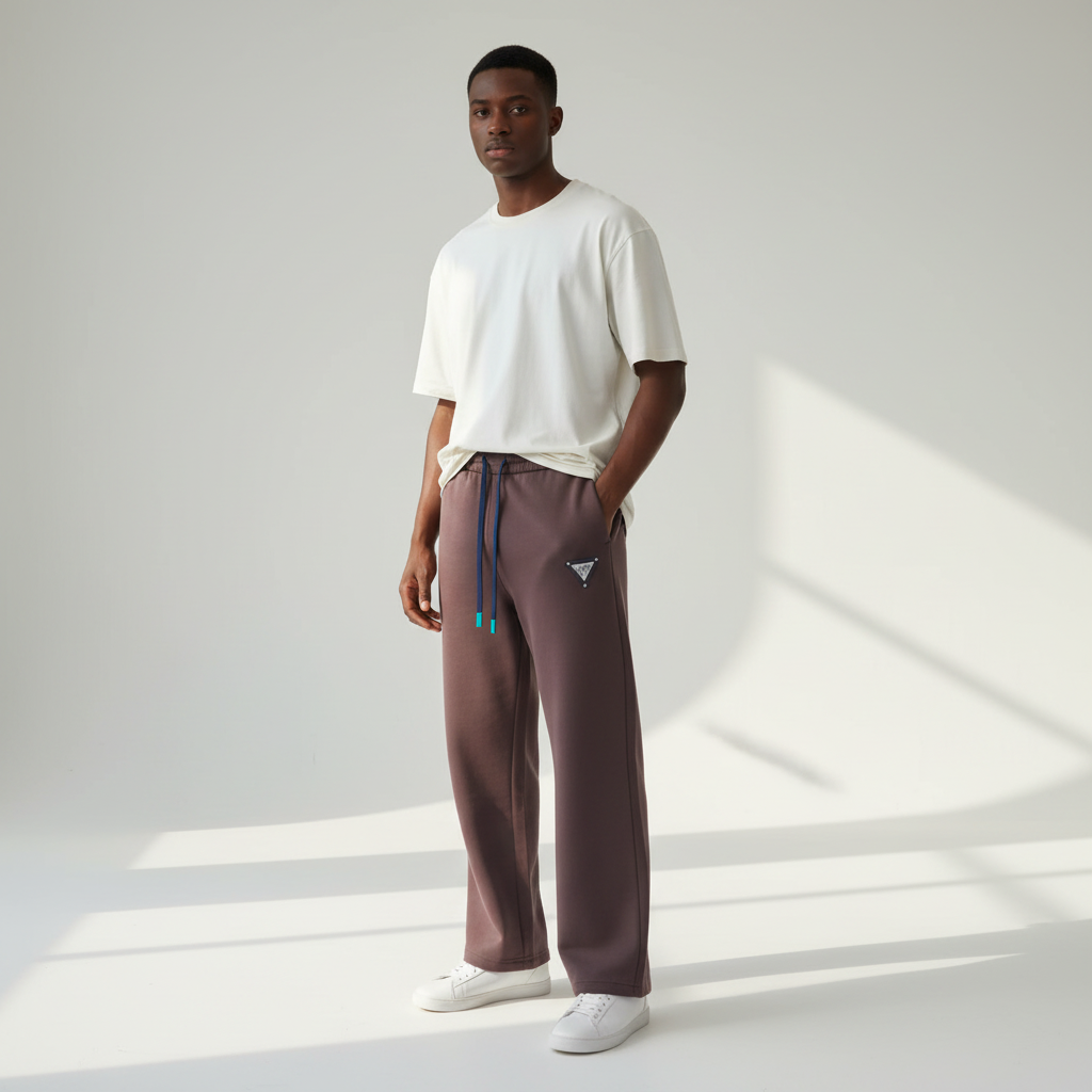 Male model wearing mauve wide-leg sweatpants