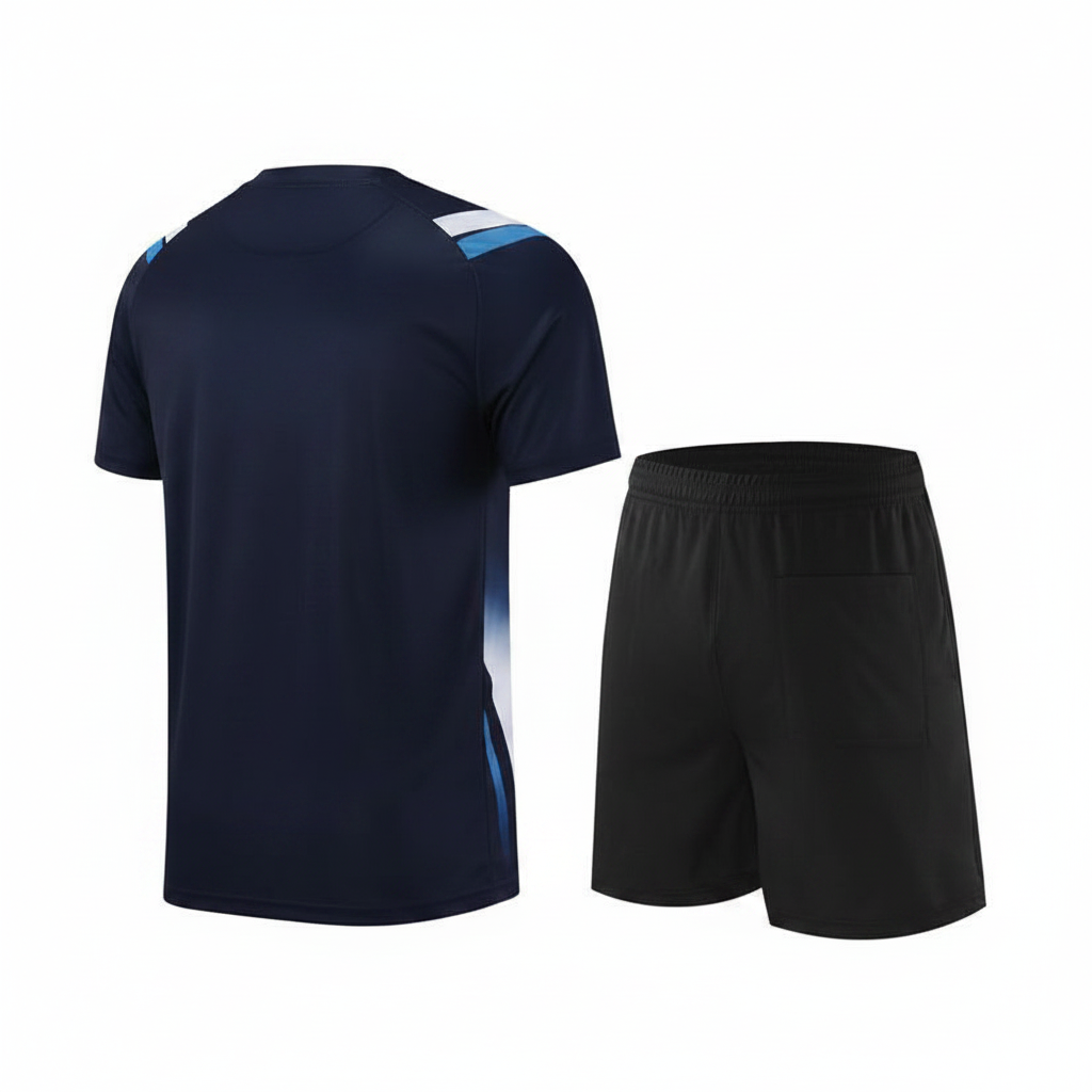 Ghost mannequin back view of navy blue and black sports jersey set