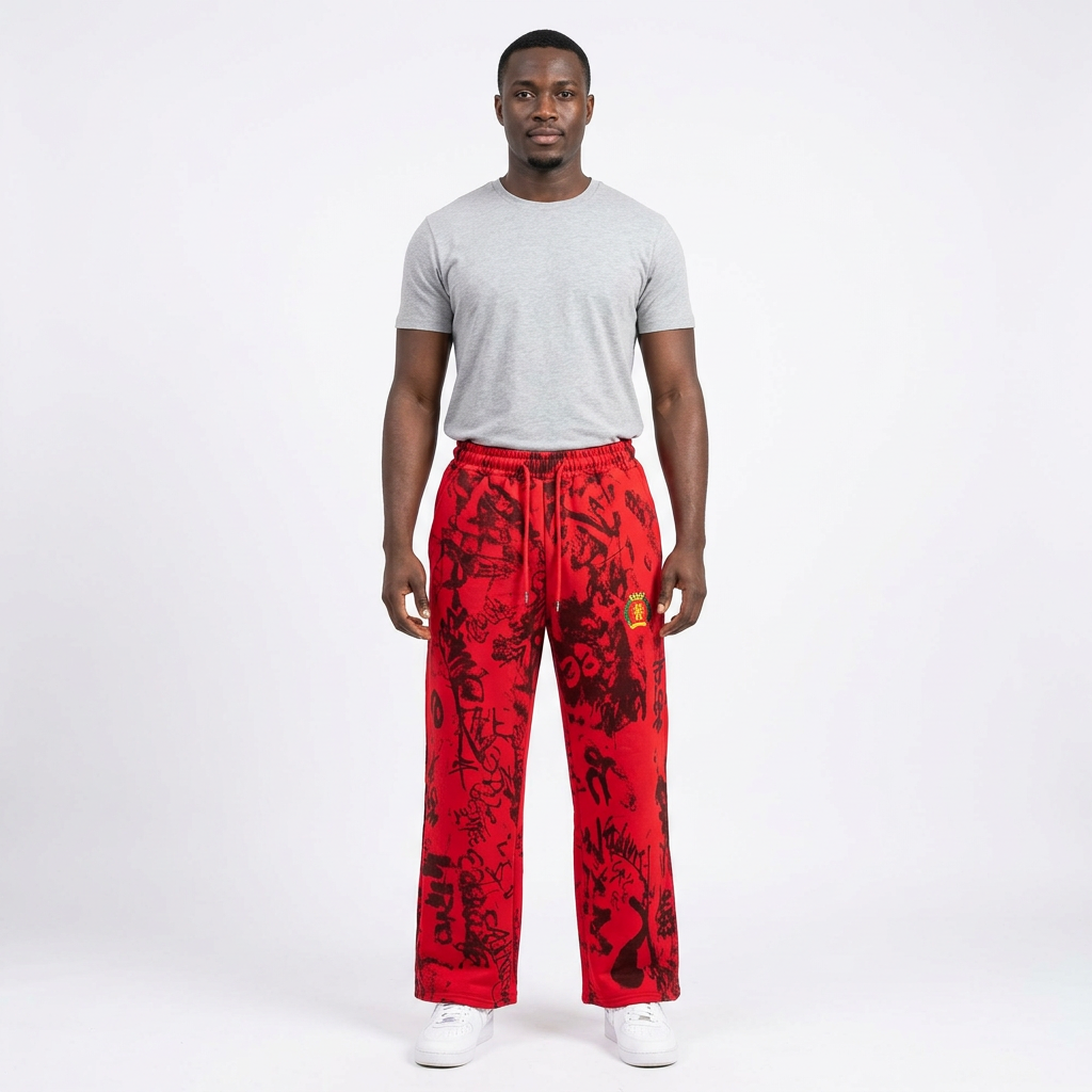 Adult Black model wearing red graffiti-print drawstring joggers