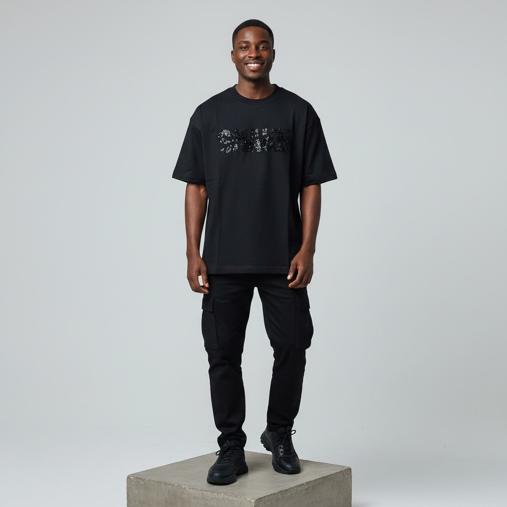 Black Snake Sequin Embellished Oversized Tee - Male Model Front